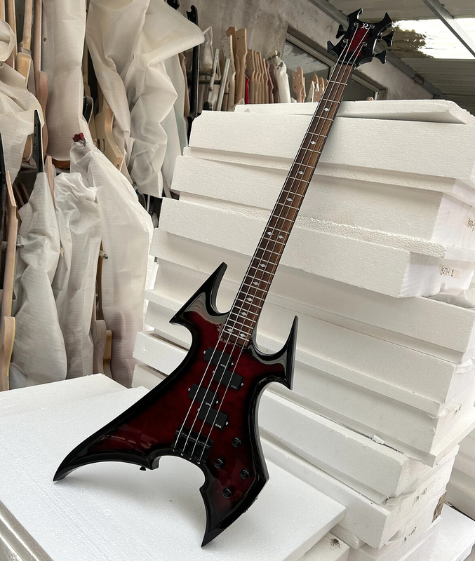 Unusual Shape Black Red 4 Strings Electric Bass Guitar Rosewood Fretboard