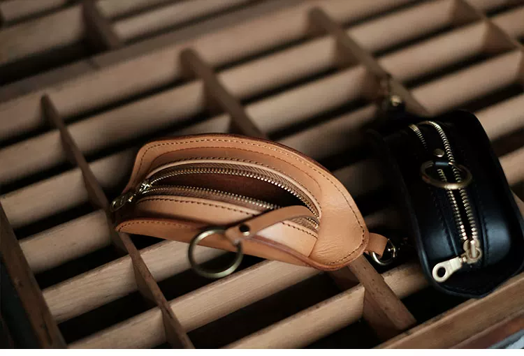 Genuine leather compact zipper key bag