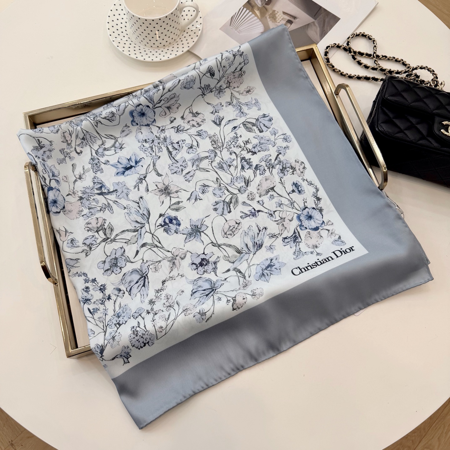 Dior Toile Print Silk Scarf Red and Grey