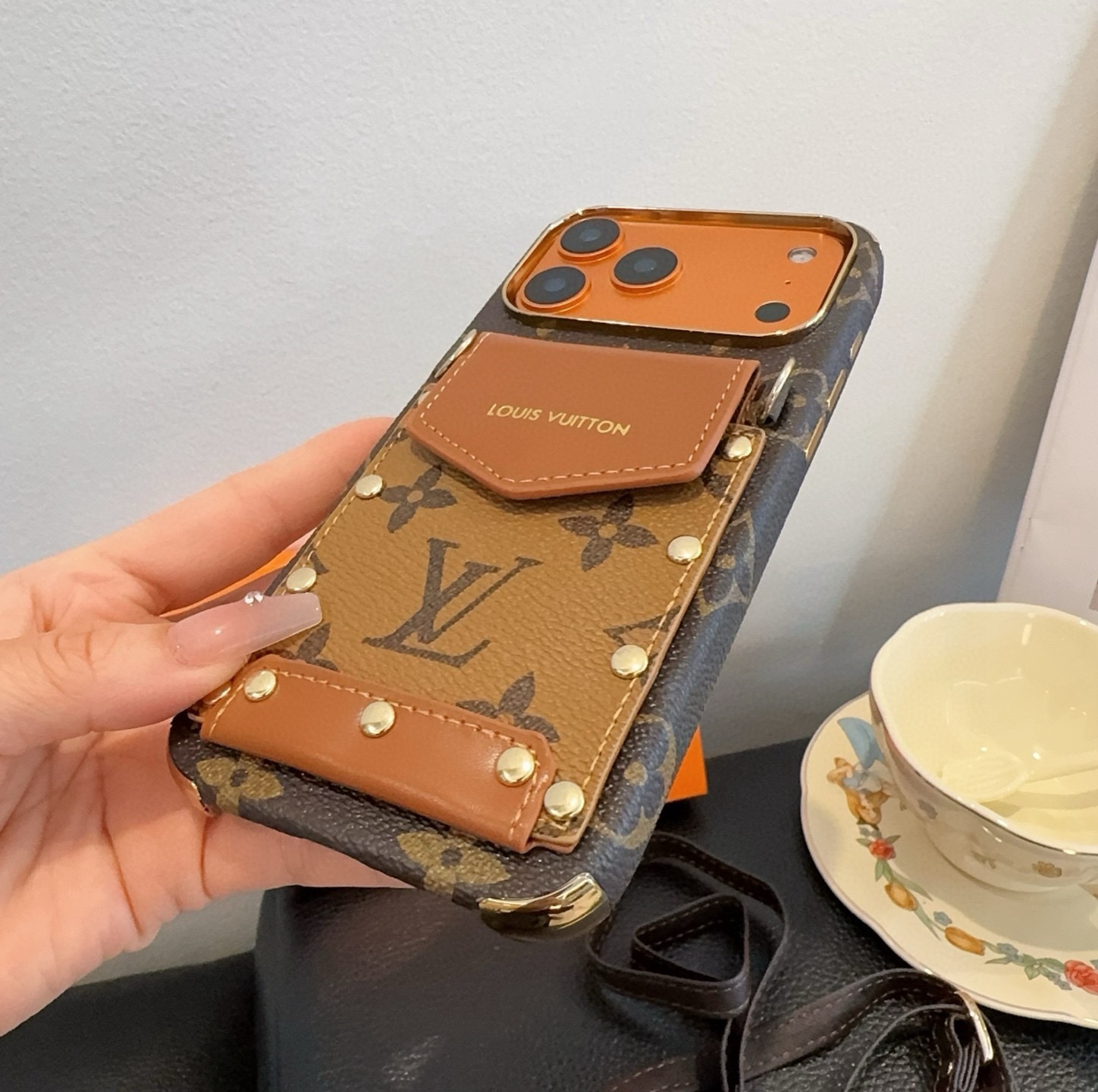 Louis Vuitton Style Monogram Card Holder Crossbody Phone Case With Rivet Detail