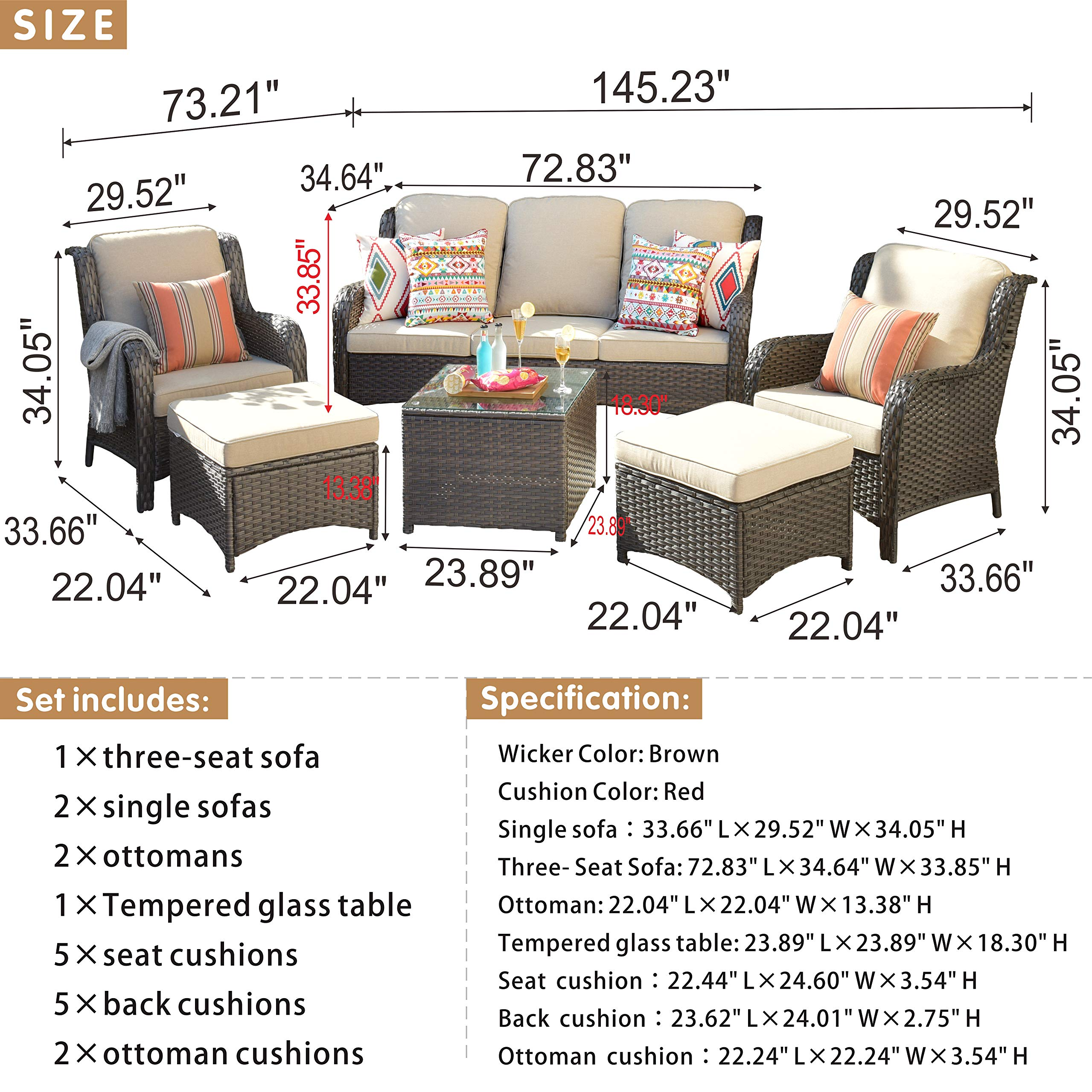 Patio Furniture Conversation Wicker 6 Pcs High Back Sofa w