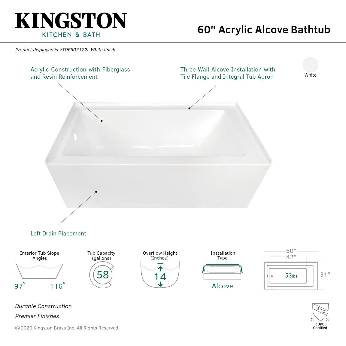 Aqua Eden 60" x 31" Alcove Soaking Acrylic Bathtub