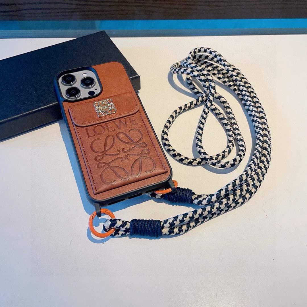 Loewe Style Leather Card Holder Phone Case with Crossbody Woven Strap