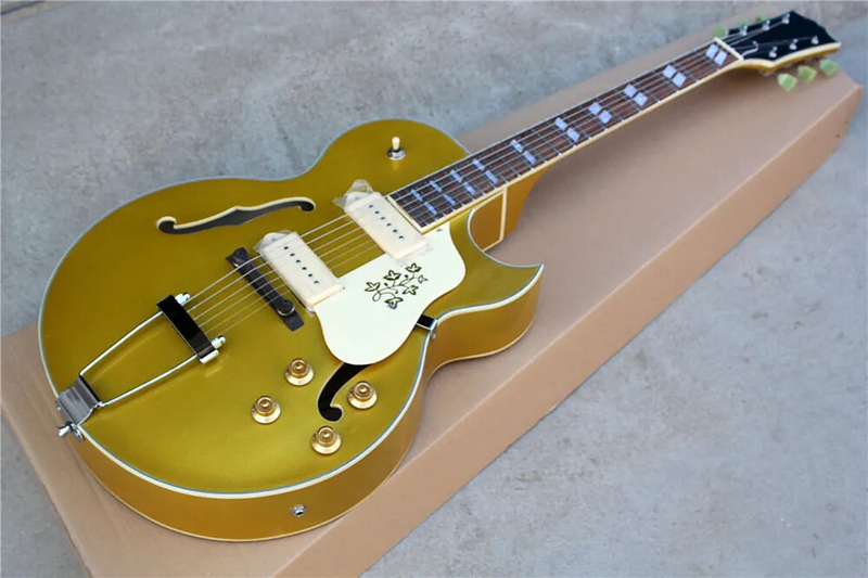 Factory hollow Gold Electric Guitar with Chrome Hardware,Whitee-Binding