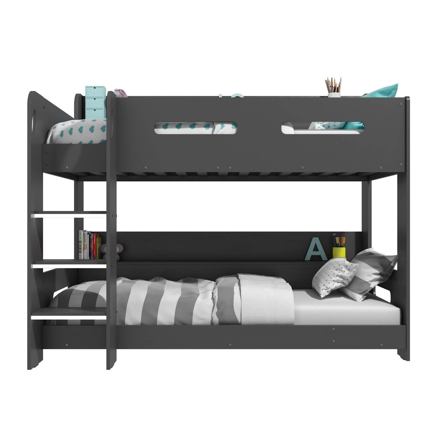 Dark Grey Bunk Bed with Storage Shelves - Ladder Can Be Fitted