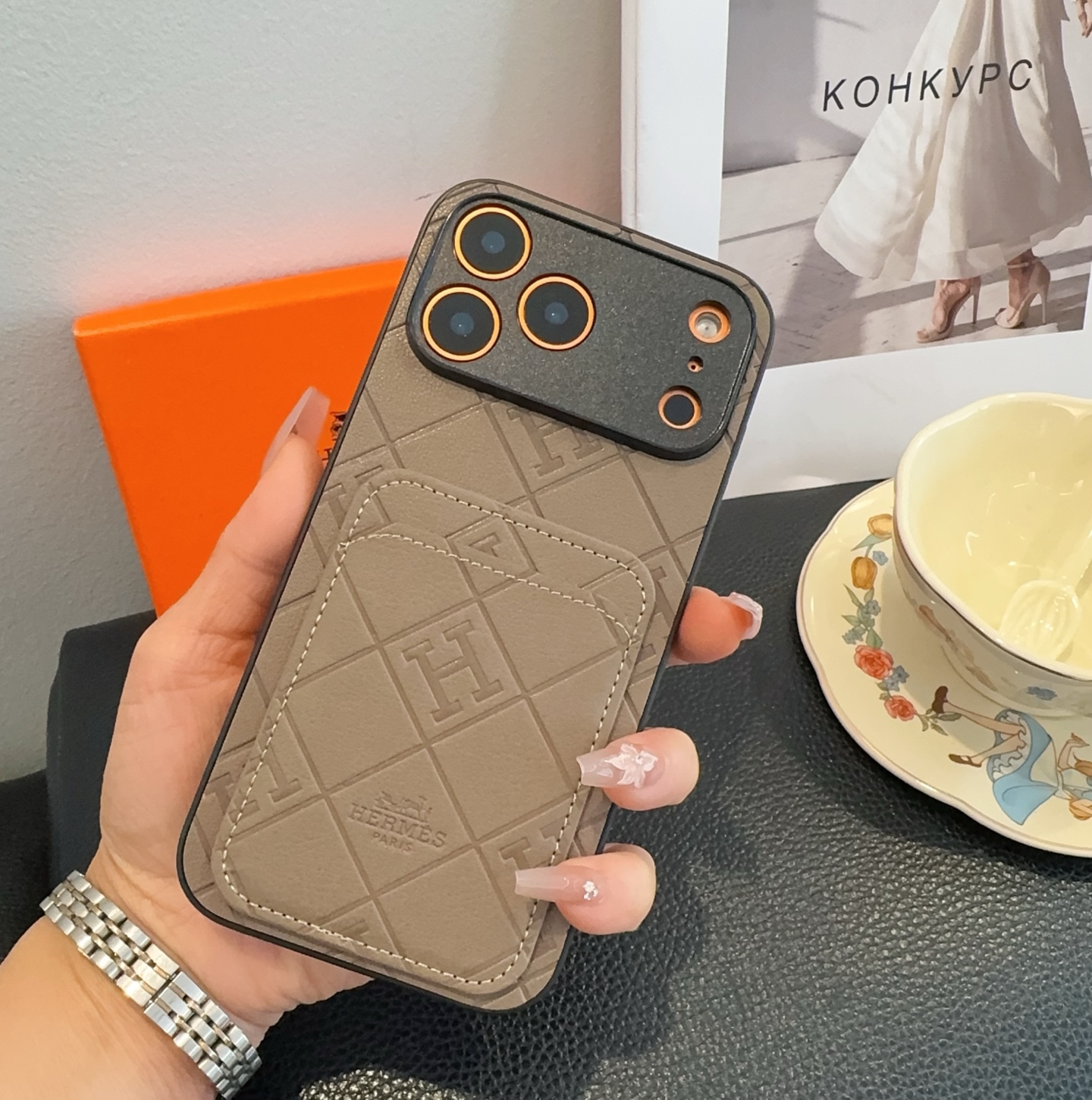 Hermès Embossed Monogram Leather Card Holder Phone Case
