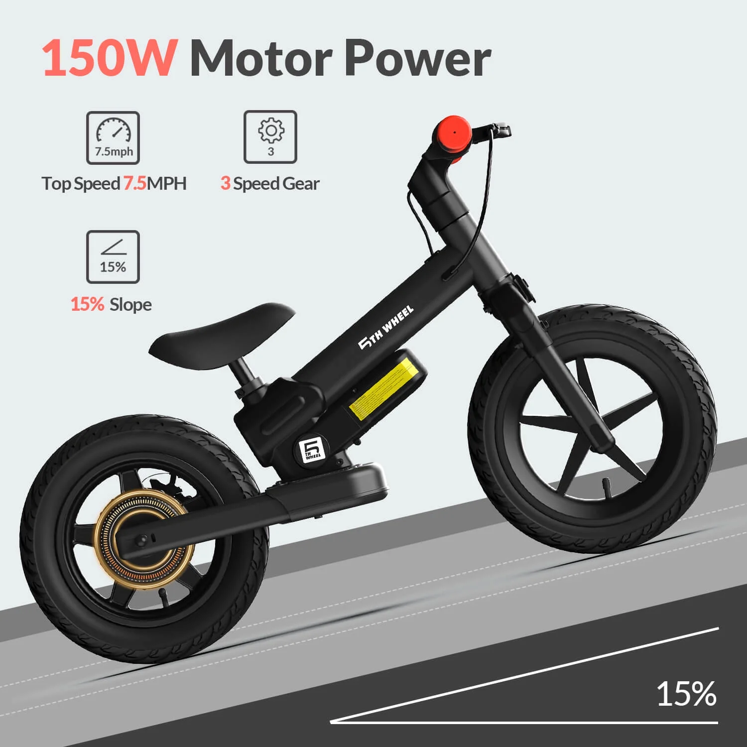5TH WHEEL KB09 12in Kids Electric Balance Bike, 150W, Black