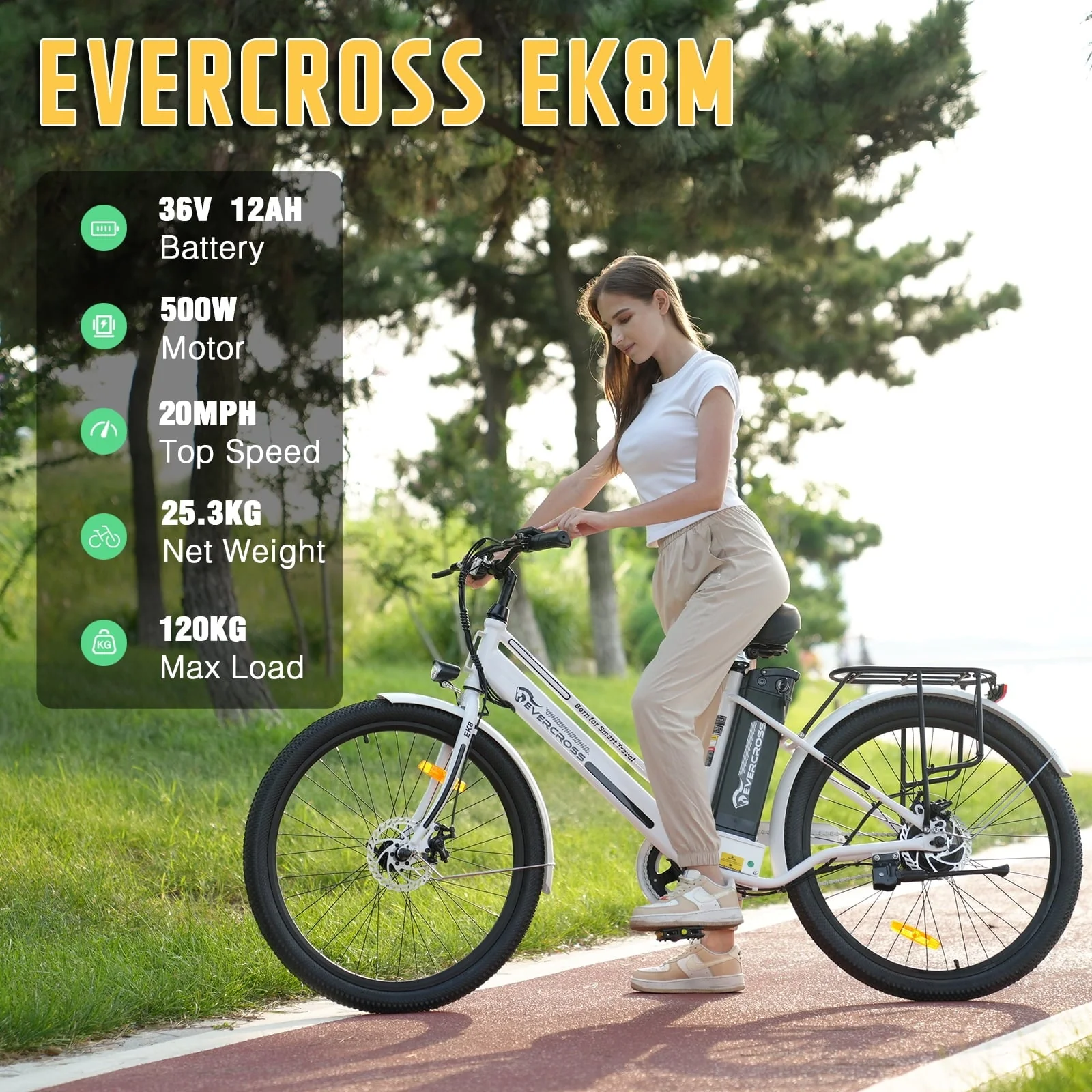 EVERCROSS 26in Electric Bike, 500W, 36V, White