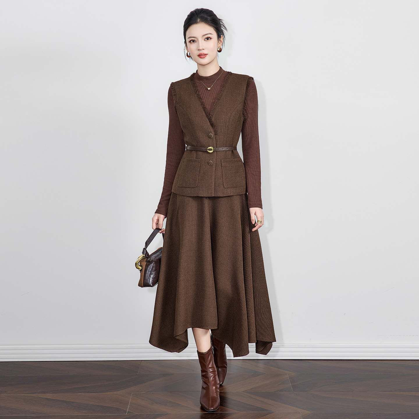 Elegant Skirt Sets for Women Autumn Winter O-neck Sleeveless Vest Straight Skirts Two-piece Set