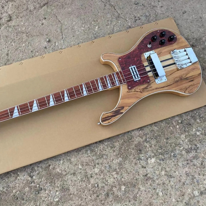 Through Body Electric Bass Guitar Spalted Maple Chrome Parts Fixed Bridge Top