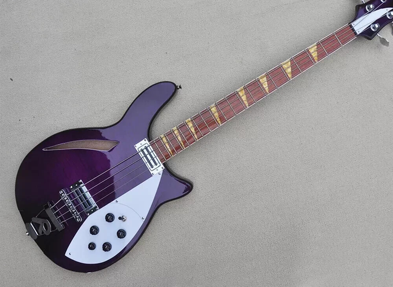 4 Strings Semi-hollow Electric Bass with Flame Maple Veneer, Rosewoodd Fretboard