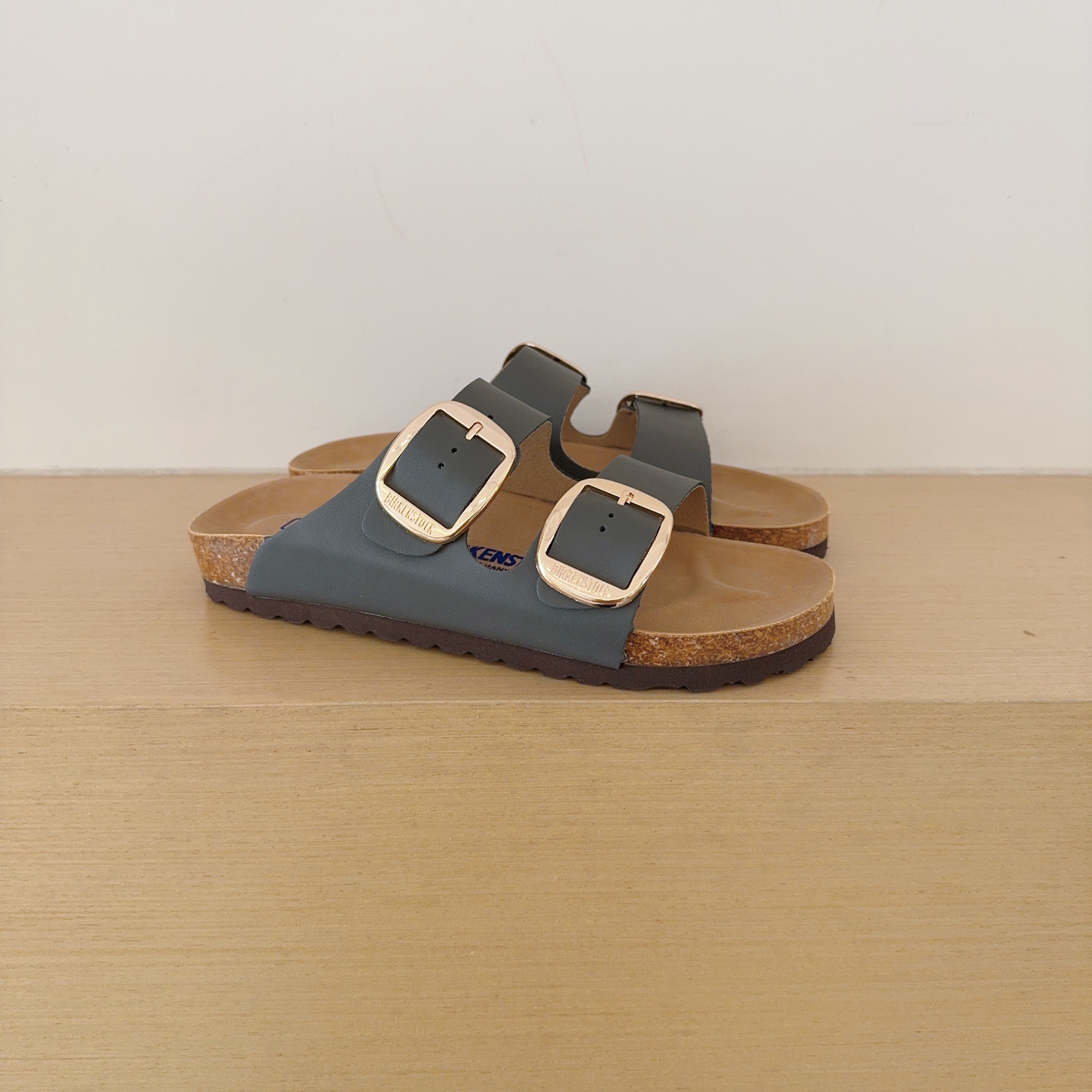 Round Gold Buckle Birken-Style Two-Strap Sandals