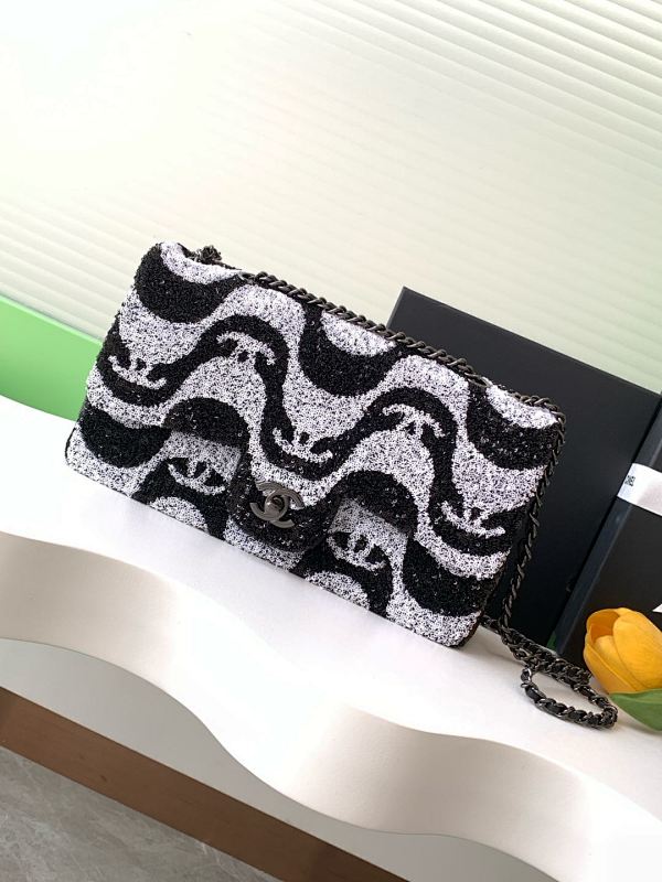 Chanel Beaded Flap Bag Black White Wave