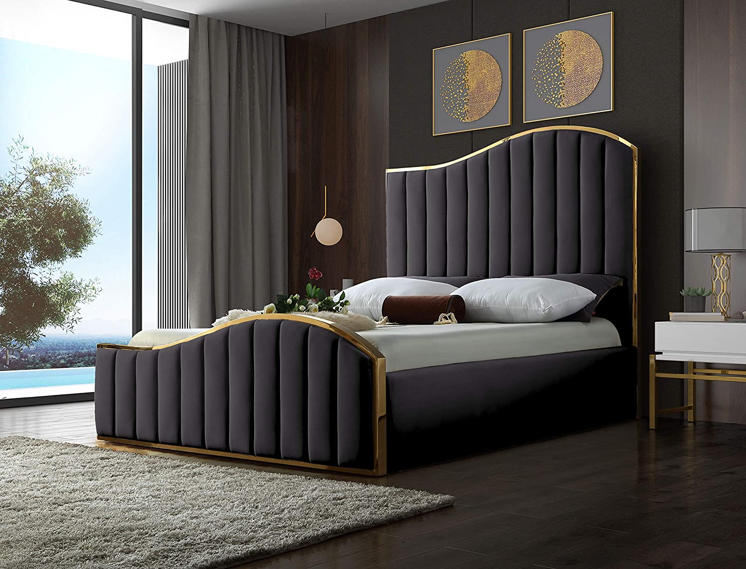 Contemporary Velvet Upholstered Bed With Channel Tufting &