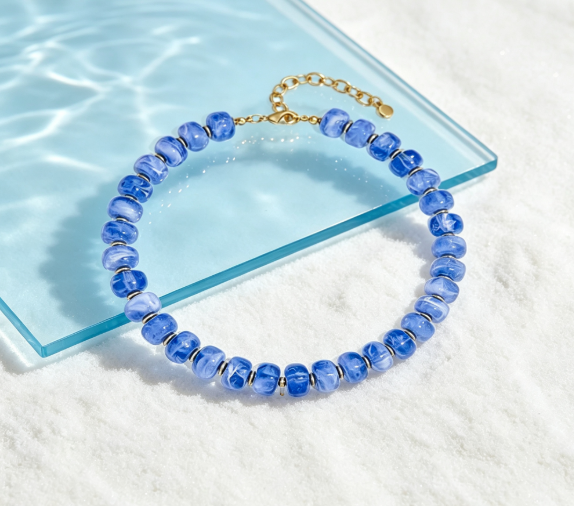 Natural Blue Chunky Beaded Necklace Gold Adjustable Chain Statement Necklace