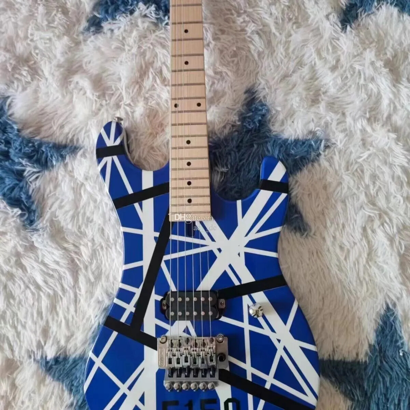 Blue Electric Guitar Black White Stripes,Floyd Rose Tremolo Bridge Locking Nut