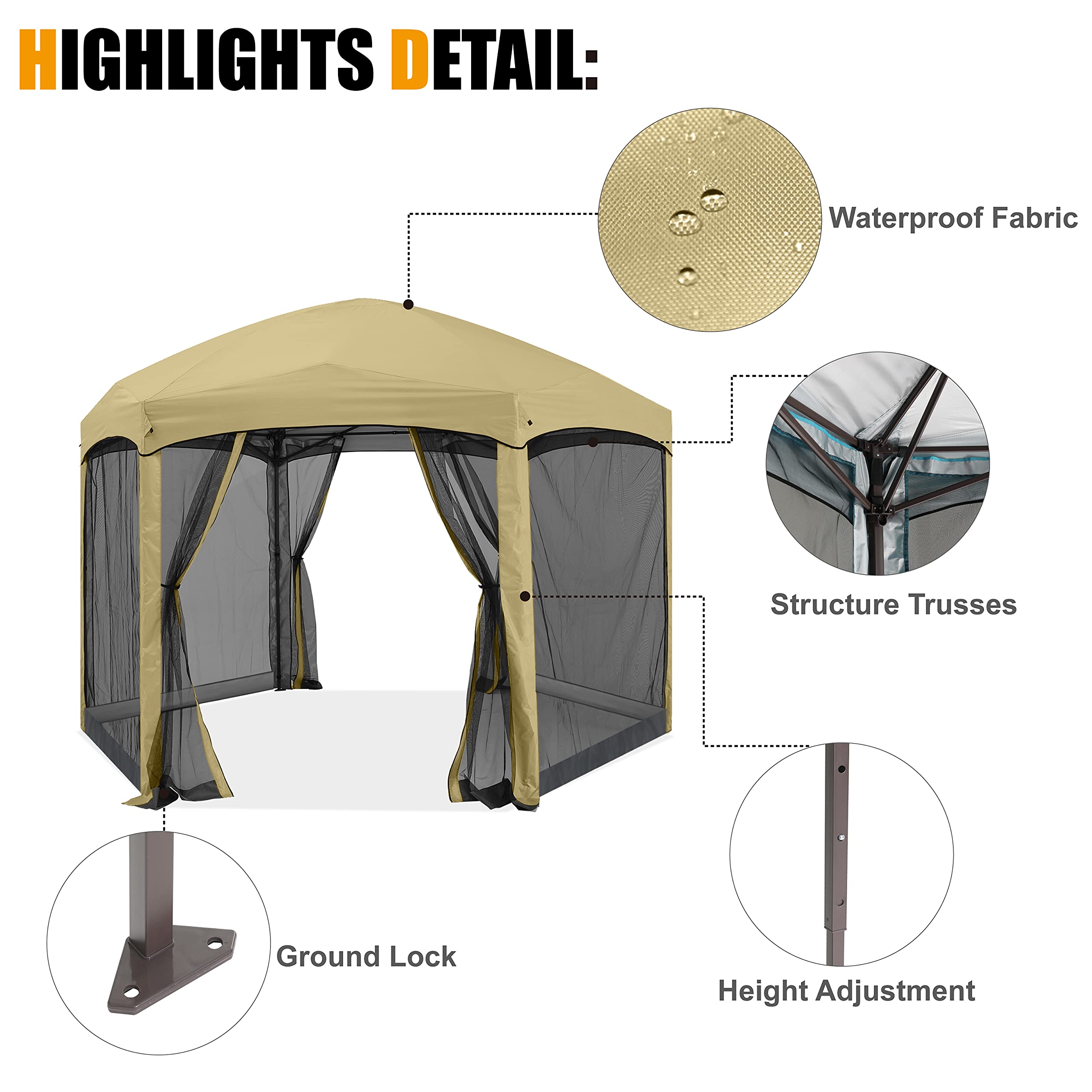 Pop Up Gazebo 6 Sided Screened Canopy Tent Screen House(Beige)