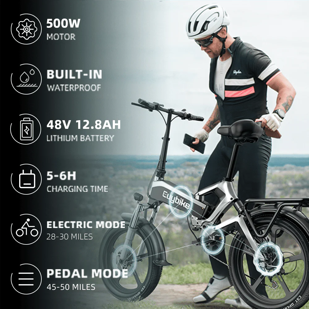 EUY 20in Folding Electric Bike, 500W, 48V 12.8Ah, Black