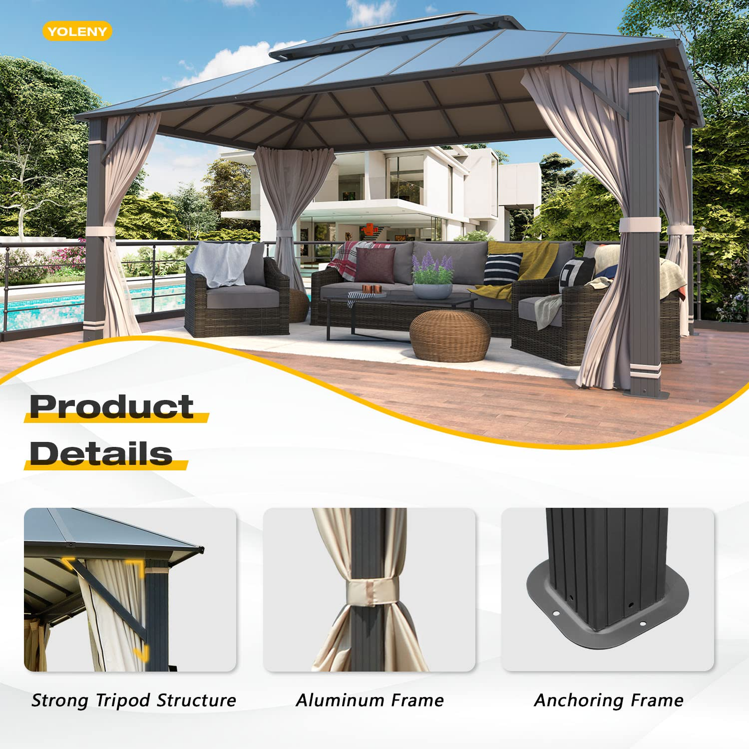Permanent Aluminum Patio Gazebo with Composite Double Roof