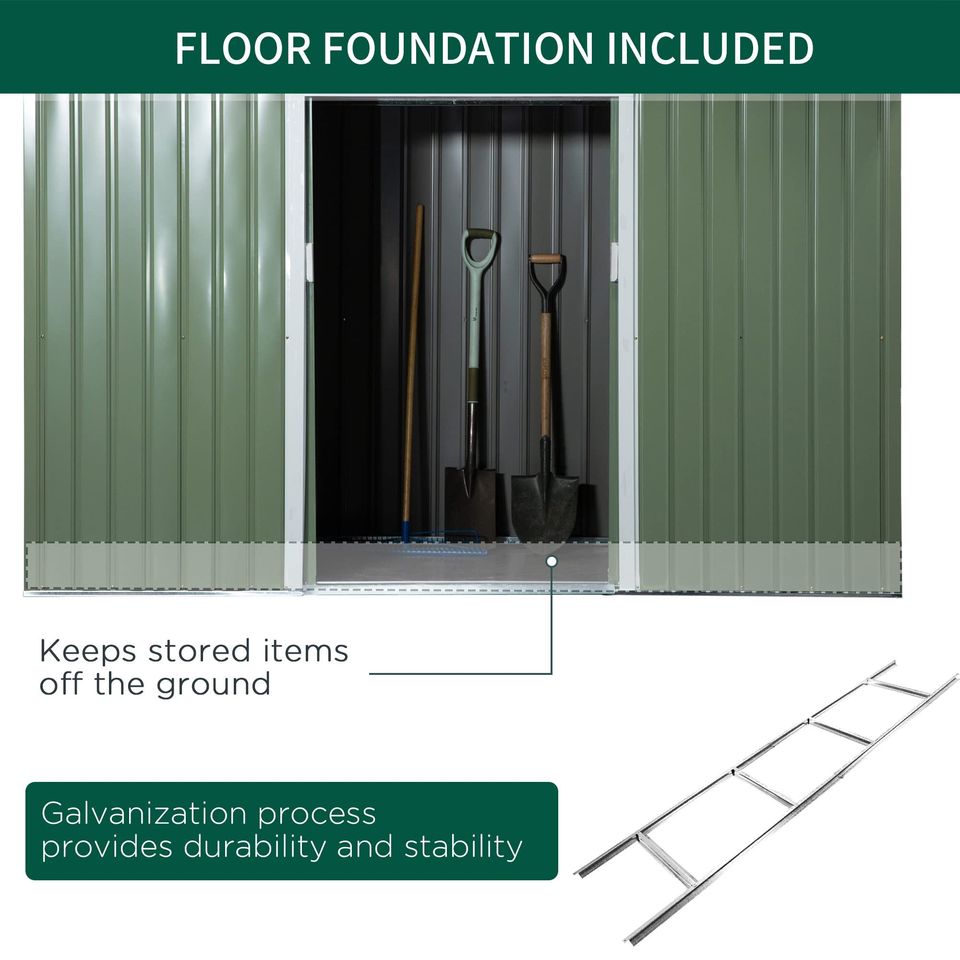 Corrugated metal storage shed outside equipment kit, light green
