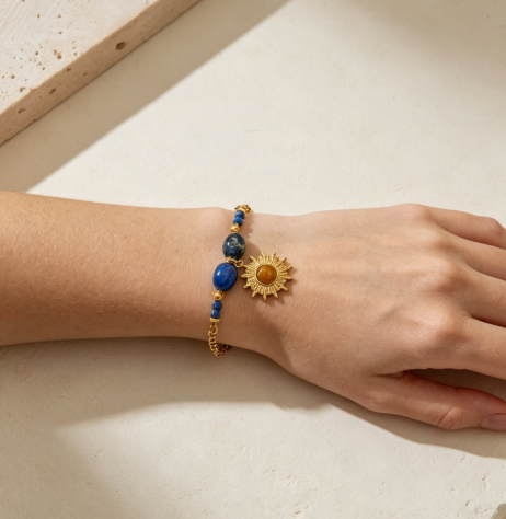 Natural Lapis Lazuli Sun Pendant Bracelet | Gold Plated Stackable Chain Bracelet