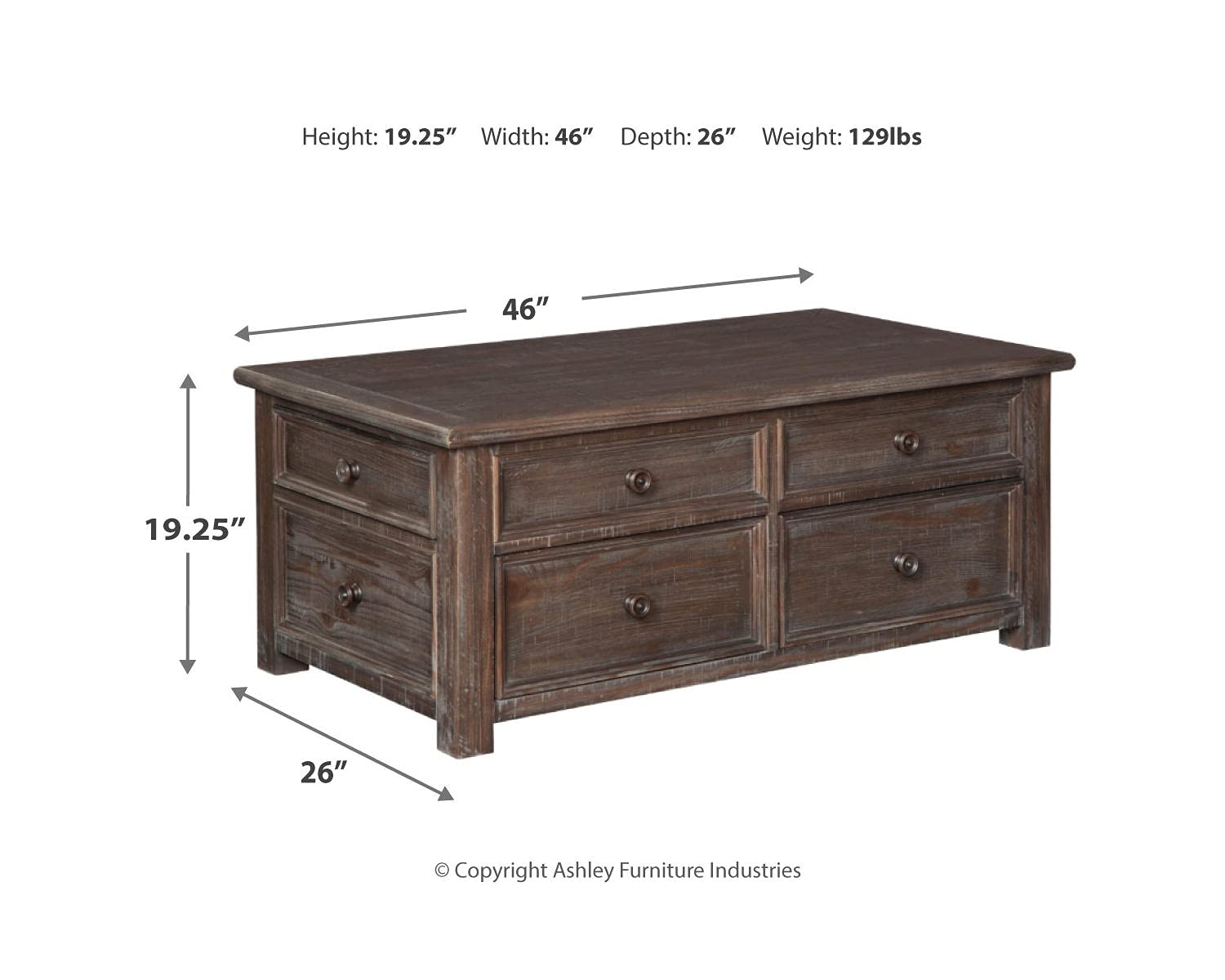 Rustic Rectangular Lift Top Coffee Table with 4 Storage Drawers