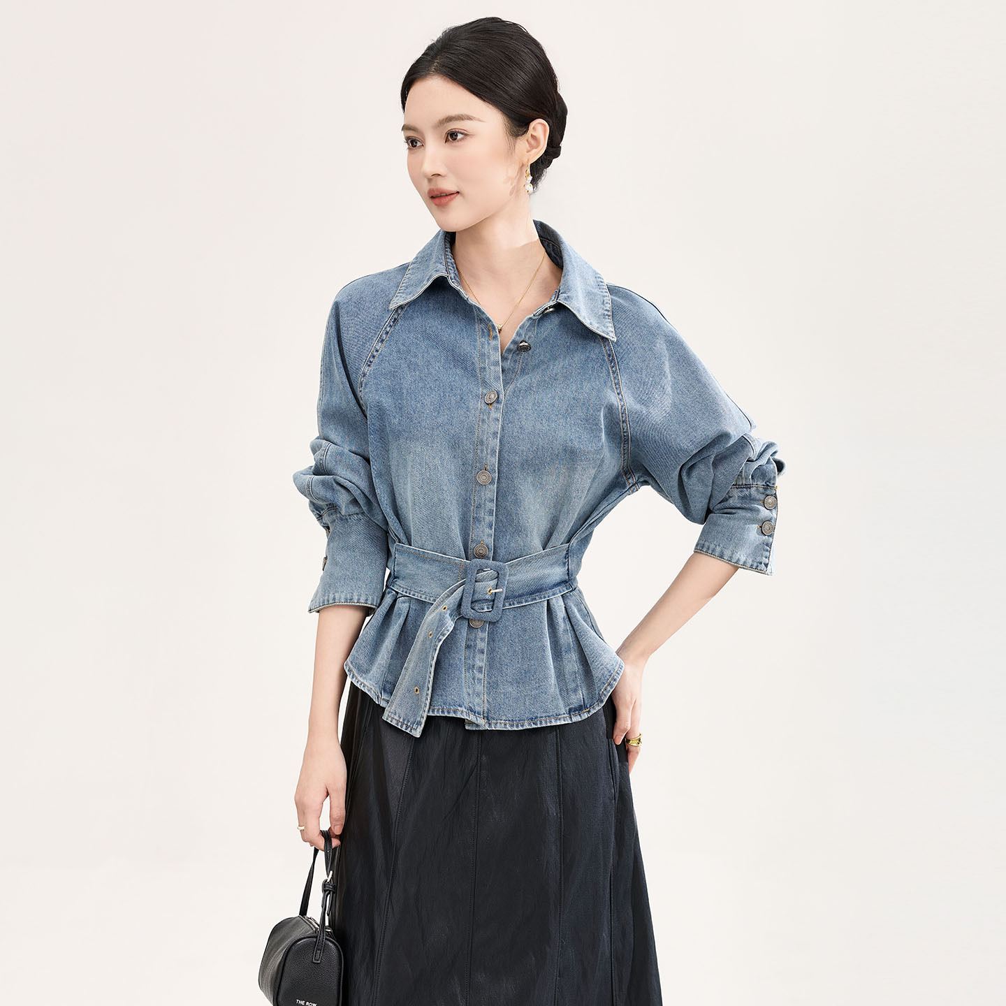 Women's Casual Sle Bell Sve Waist Cinched Vintage Denim irt Coat Water Waed Blue High Waist Stand Length