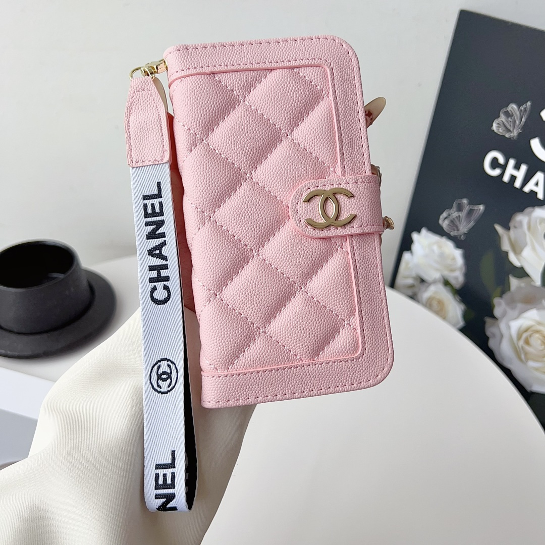 Chanel Style Diamond Quilted Leather Flip Wallet Phone Case with Wrist Strap