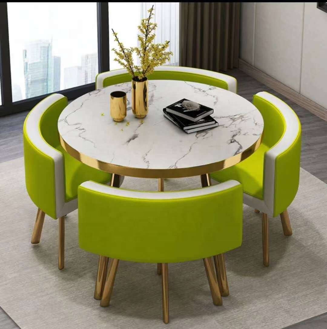 Small Round Wooden Dining Table Set with 4 Upholstered Chairs