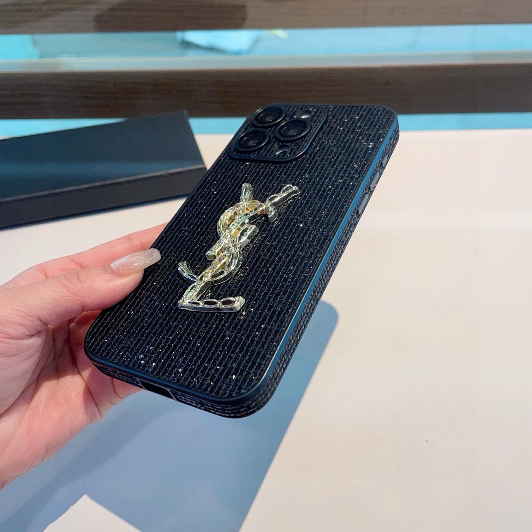 YSL Black Glitter Vertical Stripe 3D Gold Logo Luxury Phone Case