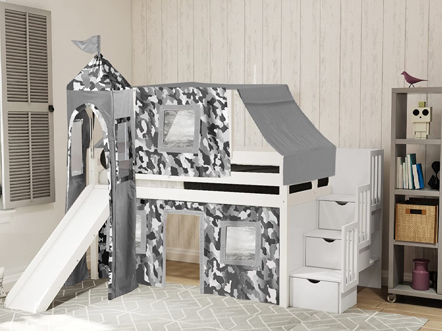 Princess Low Loft Stairway Bed with Slide Pink & White Tent &