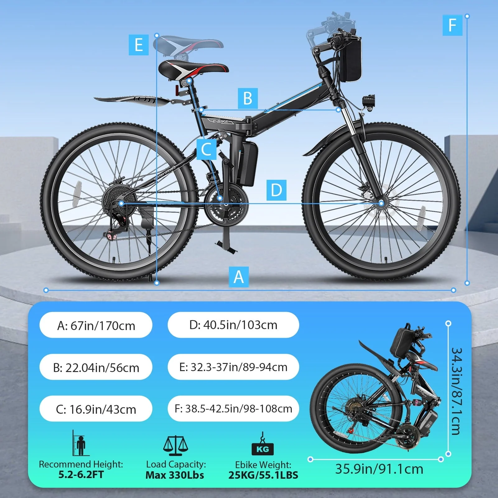 Elifine 26in Folding Electric Mountain Bike, 500W, 48V 7.8Ah