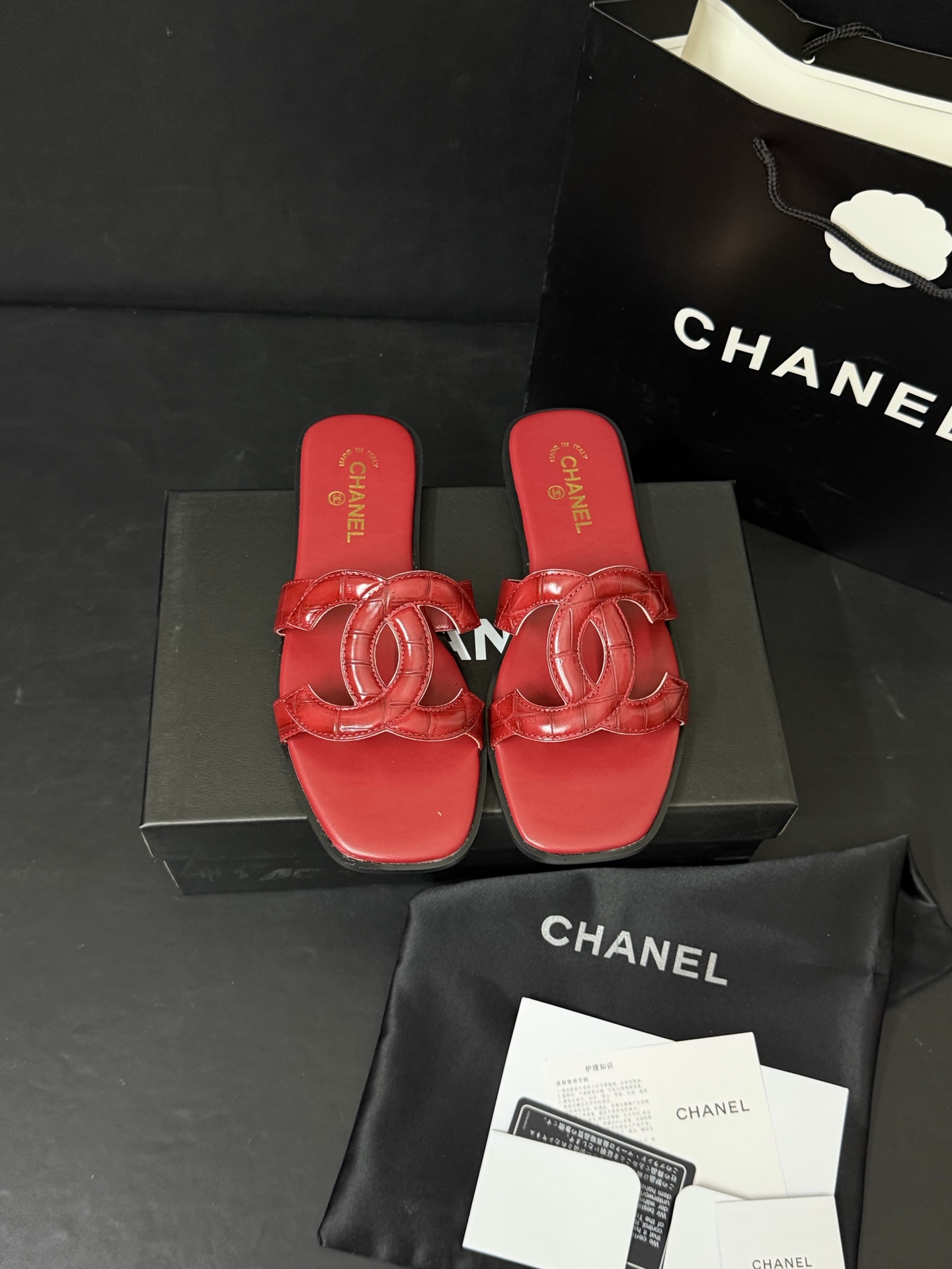 Chanel Logo-Strap Slide Sandals - Red & Black