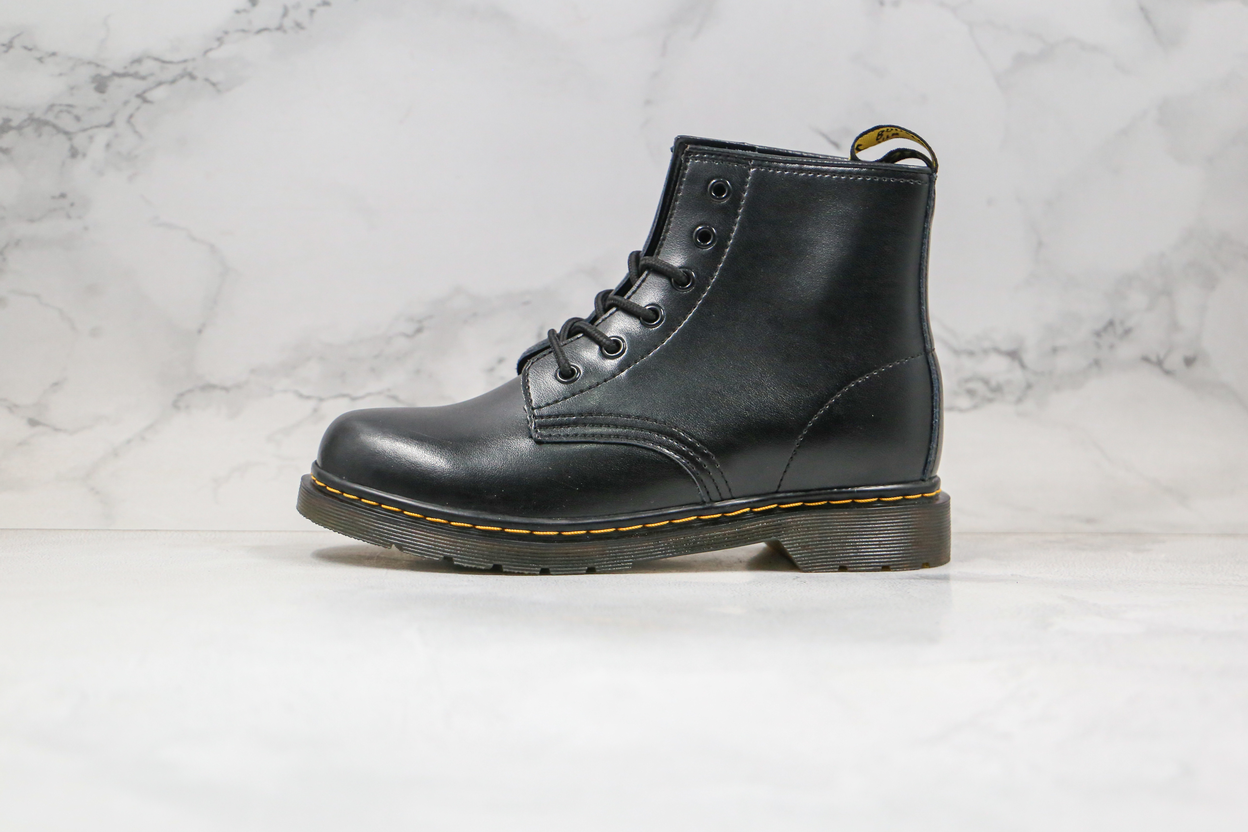 Dr. Martens Black Smooth Leather Buckle 6-Eye Boots