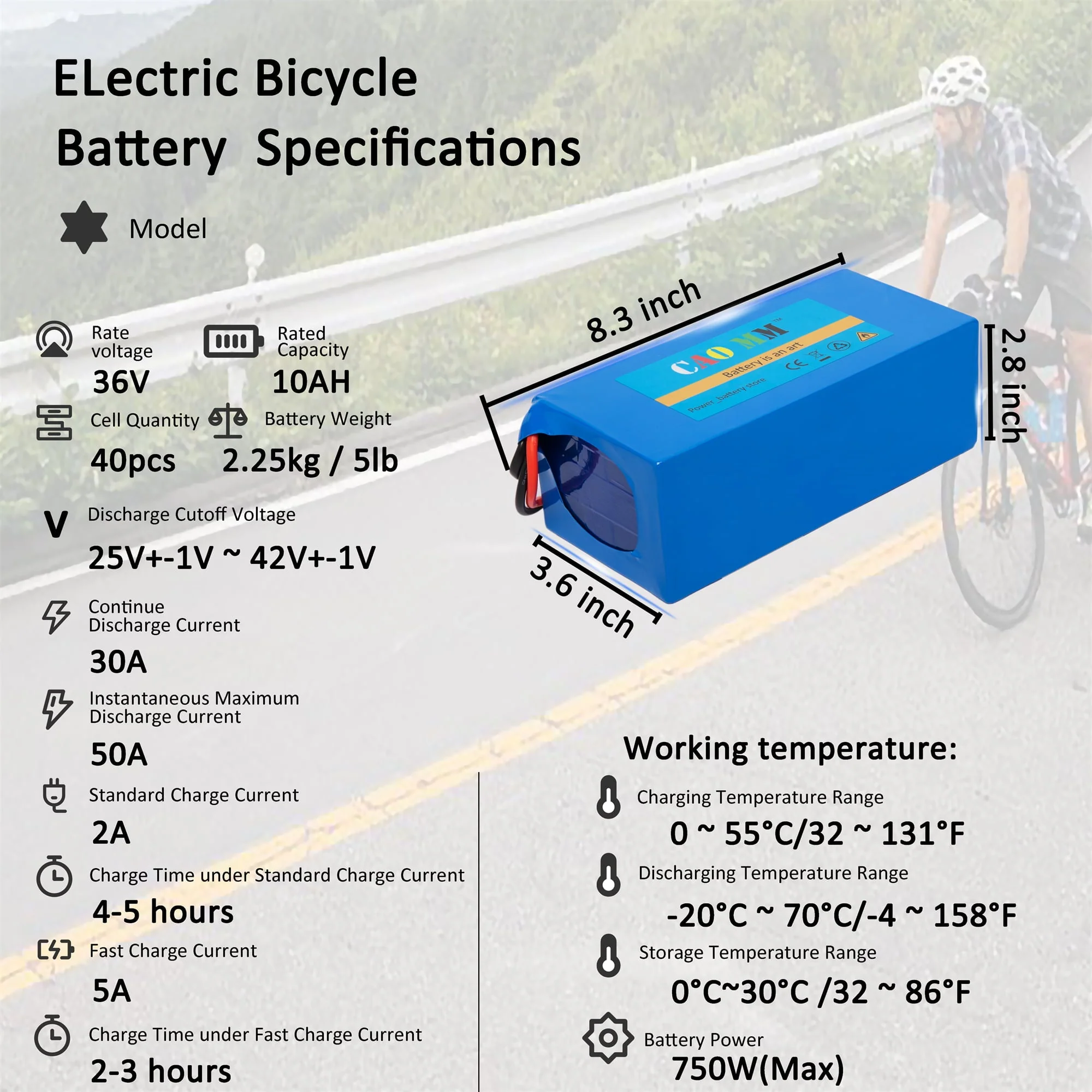 36V 10Ah Lithium E-Bike Battery with Charger, 30A BMS