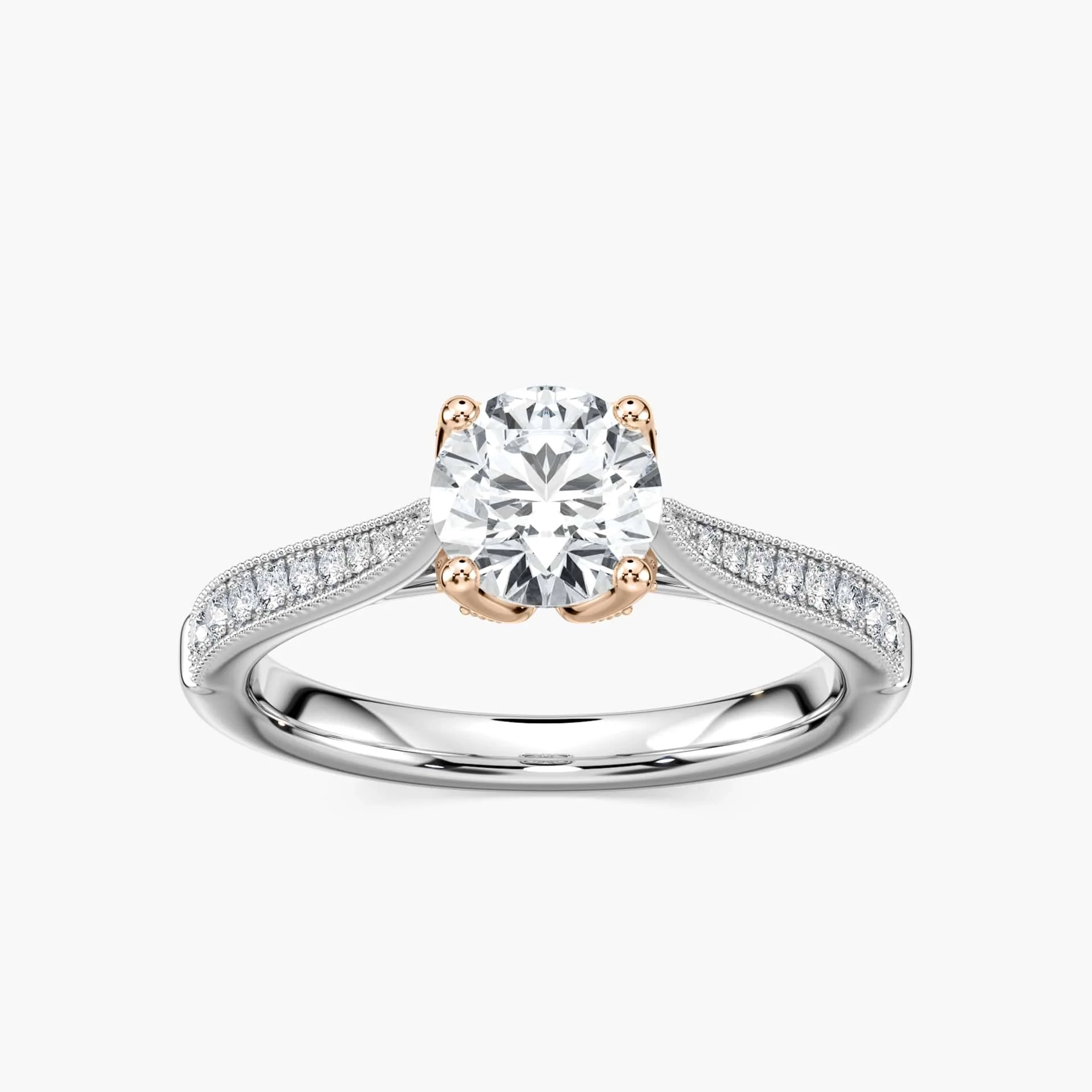 Quimby Round Lab Grown Diamond Milgrain Tulip Side Stone Engagement Ring