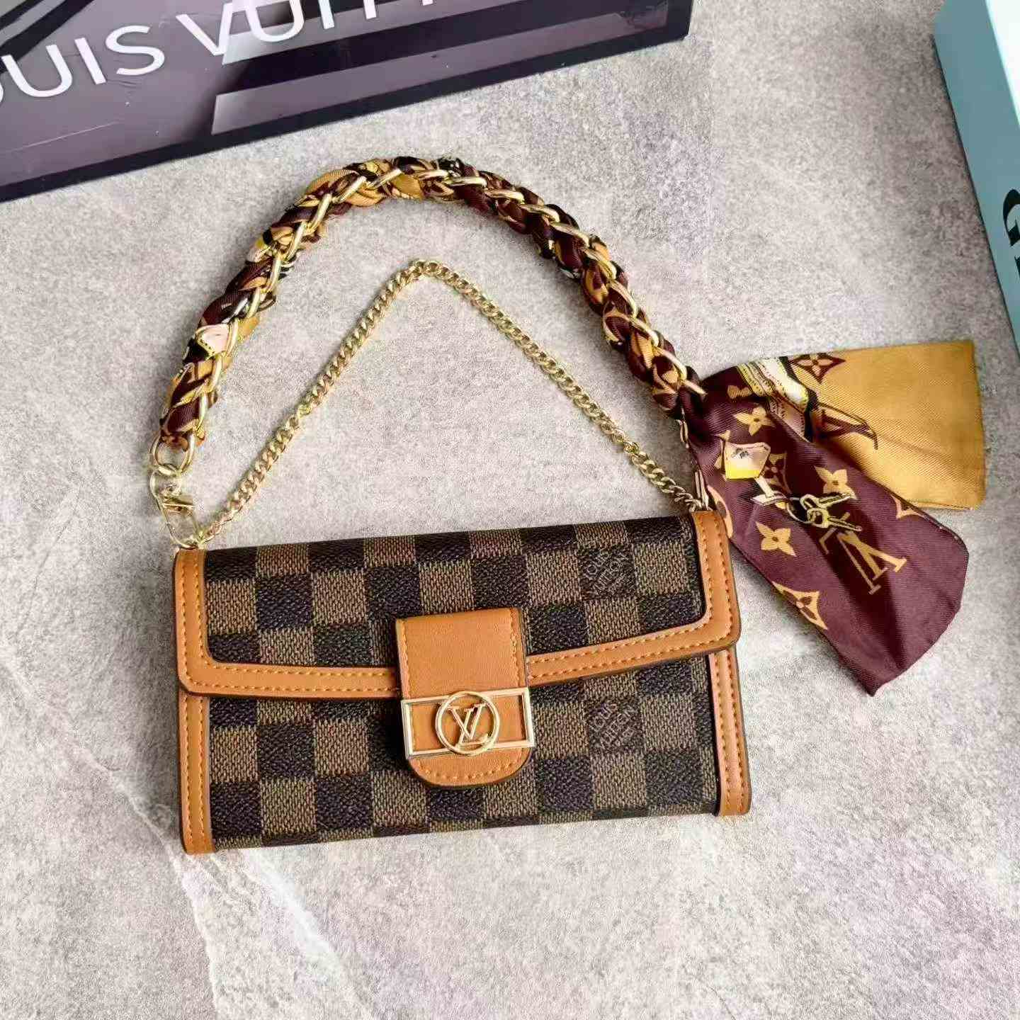 LV Monogram Baguette Shoulder Bag Mini Flap Handbag With Silk Scarf Chain Strap