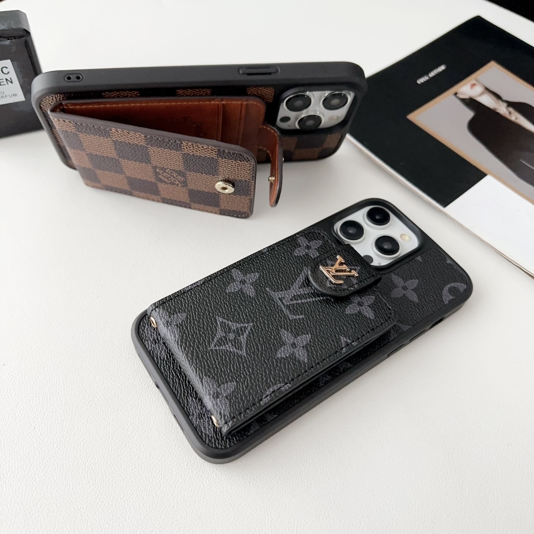 Designer Monogram Card Holder Phone Case with LV & GG Metal Buckle