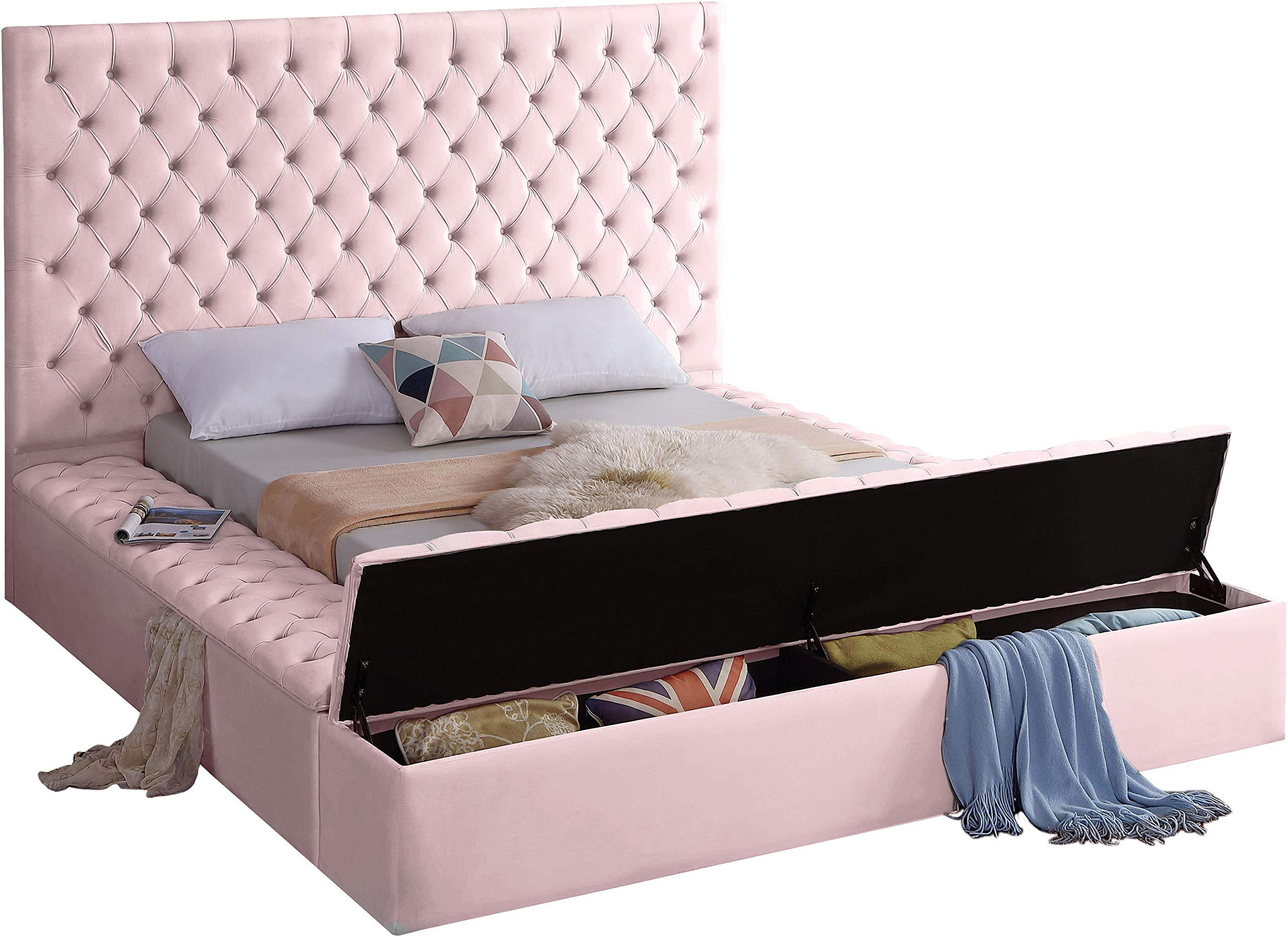 Velvet Upholstered Bed with Deep Button Tufting & Storage