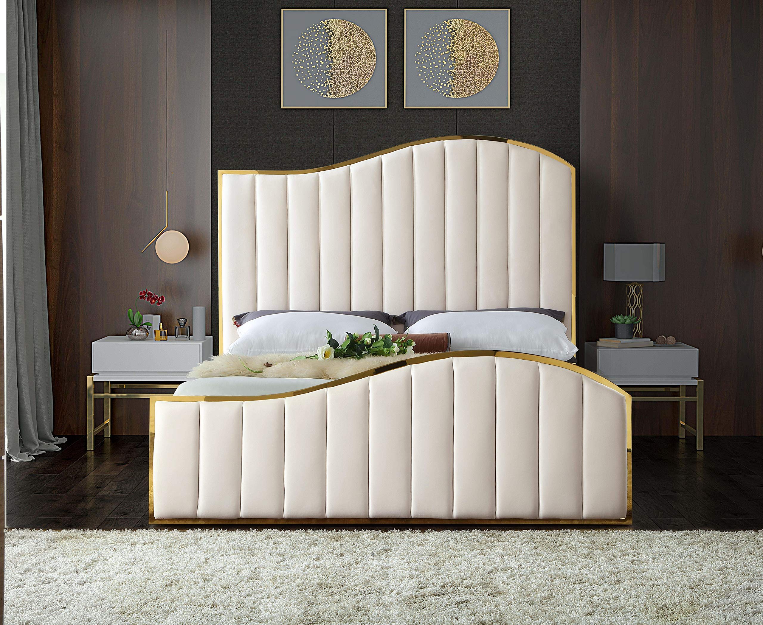Contemporary Velvet Upholstered Bed With Channel Tufting &