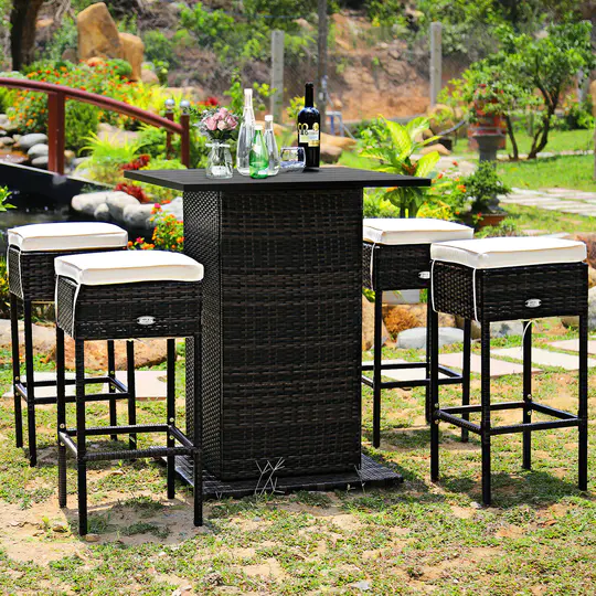 Patiojoy 5PCS Patio Rattan Bar Table Stool Set Hidden Storage