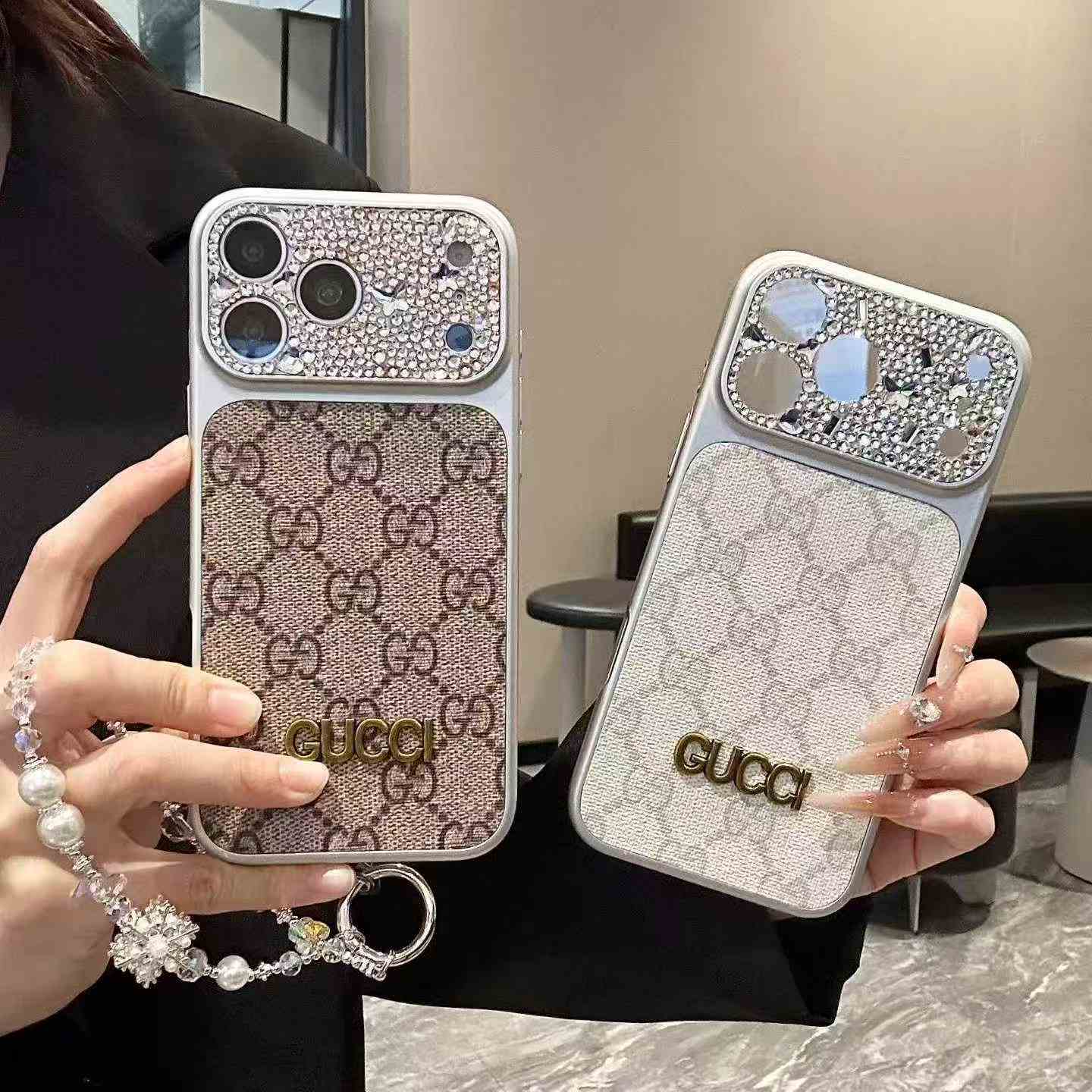 Printed Faux Leather Phone Case, Bling Rhinestone Camera Frame Protective Cover With Snowflake Pearl Wrist Strap For iPhone