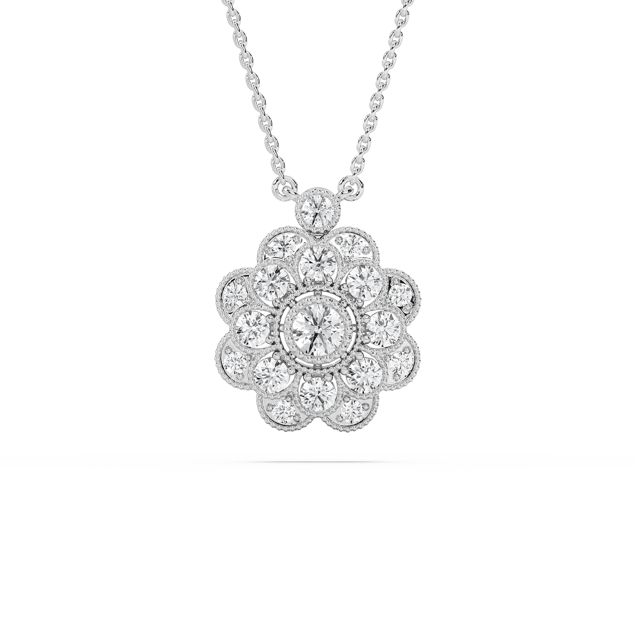 7/8 ctw Round Lab Grown Diamond Beaded Peony Pendant  - 18 Inches
