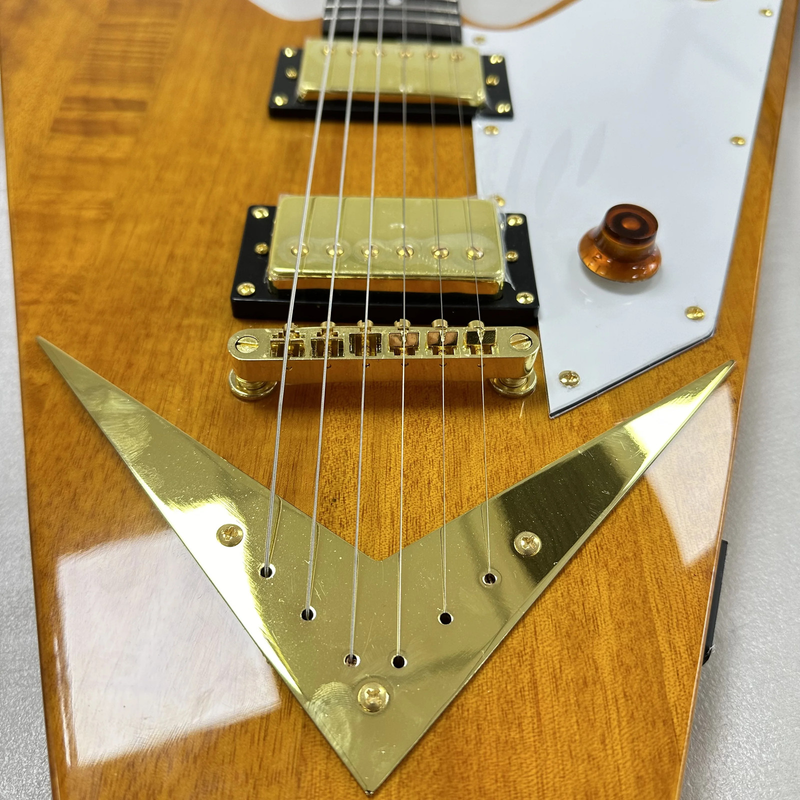 Yellow Reverse Electric Guitar Flying V HH Pickups 6 strings Guitar