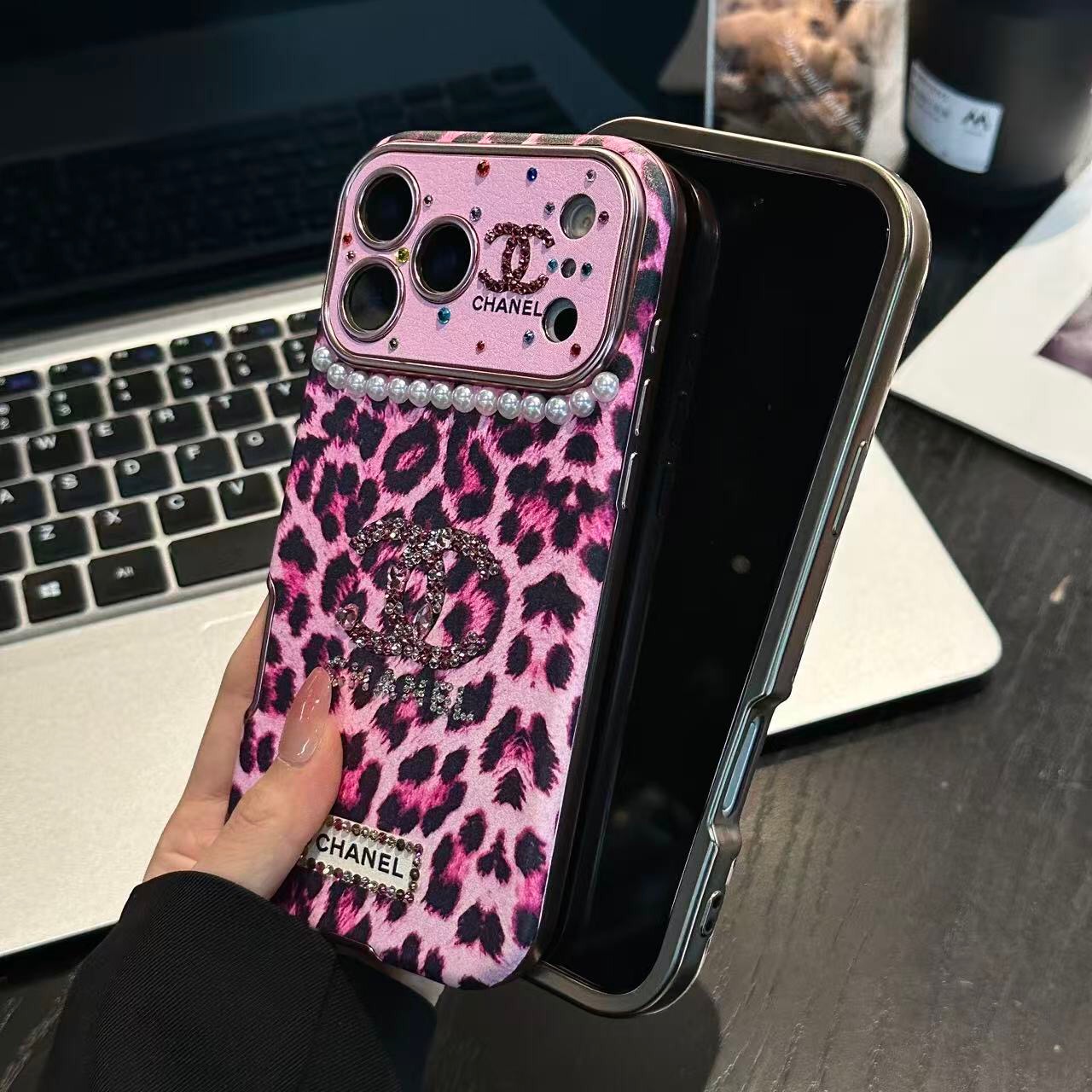 Leopard Print Rhinestone CC Logo Pearl Trim Luxury Shockproof iPhone Case With Crystal Wrist Chain