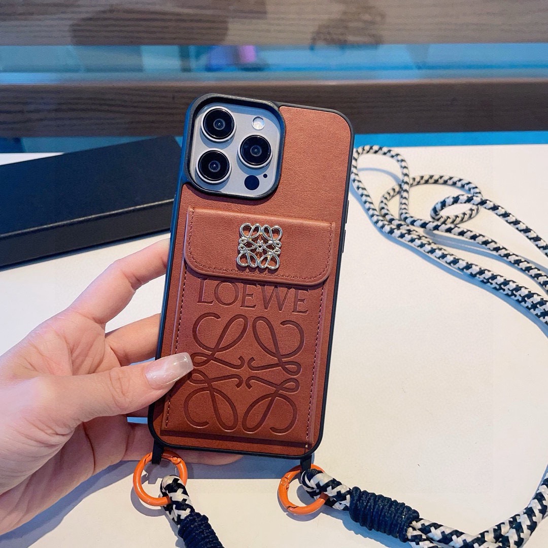 Loewe Style Leather Card Holder Phone Case with Crossbody Woven Strap