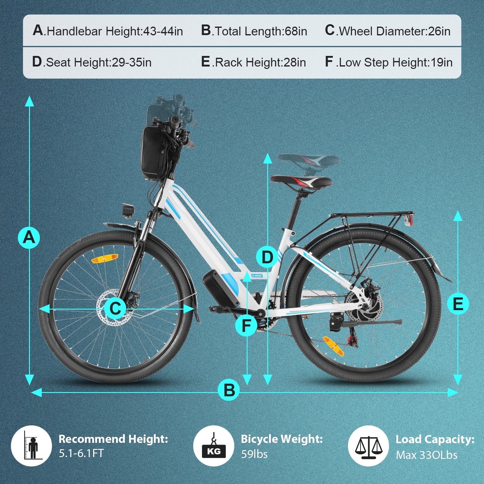 Elifine 26in Electric Commuter Bike, 500W, 48V 7.8Ah, 7-Speed