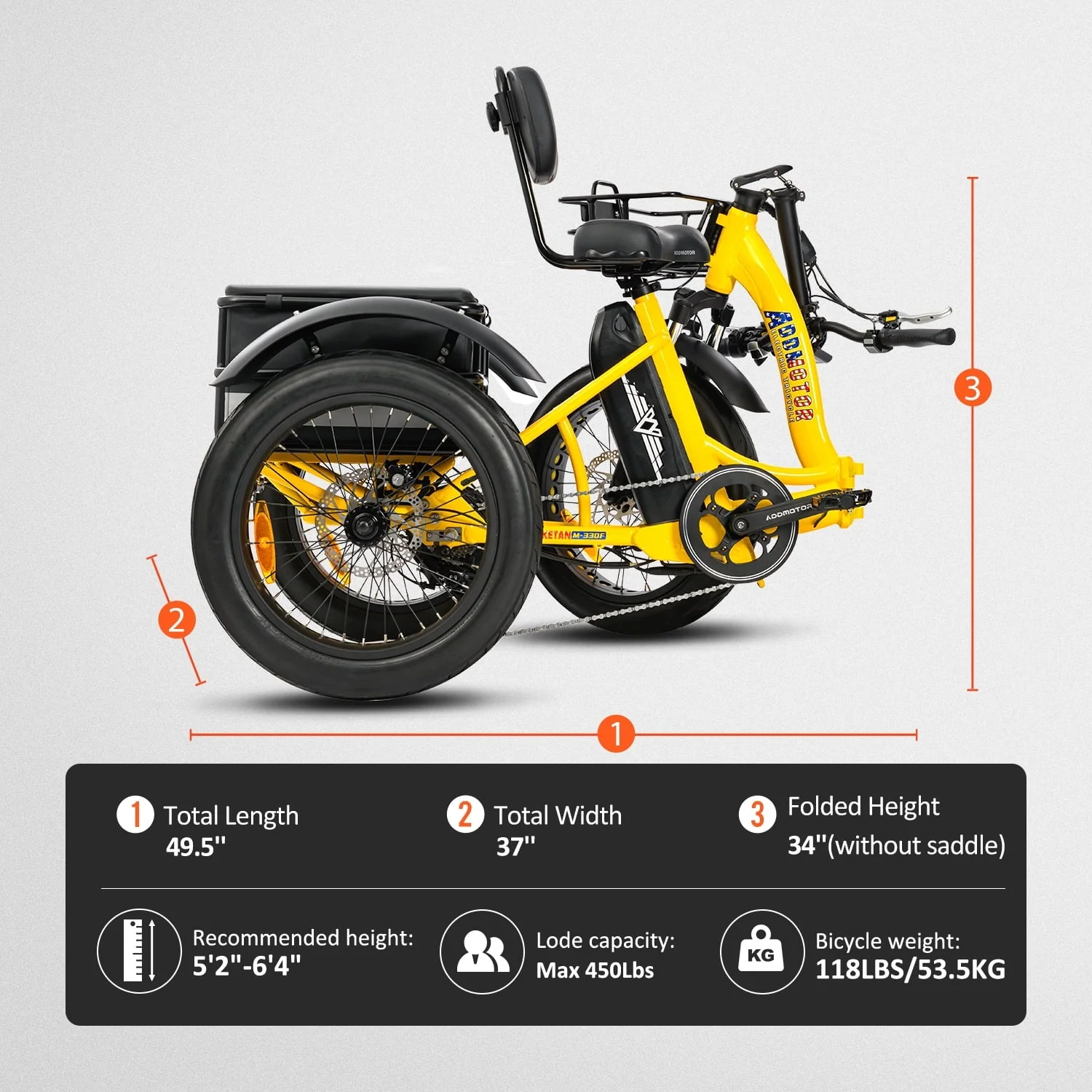 Addmotor M-330F Folding Electric Tricycle, 750W, 48V 20Ah, Yellow