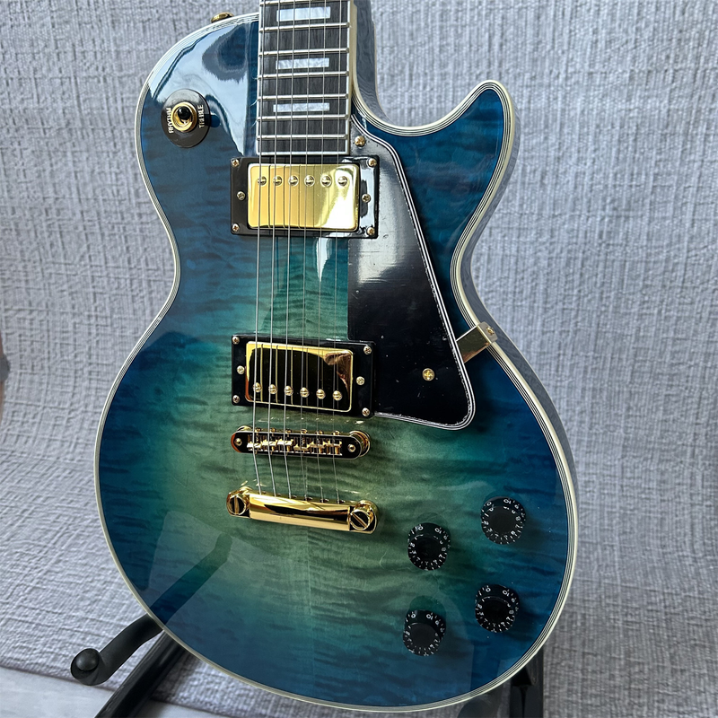 LP Blue Electric Guitar Gold Parts Black Pickguard Fixed Bridge 6 Strings