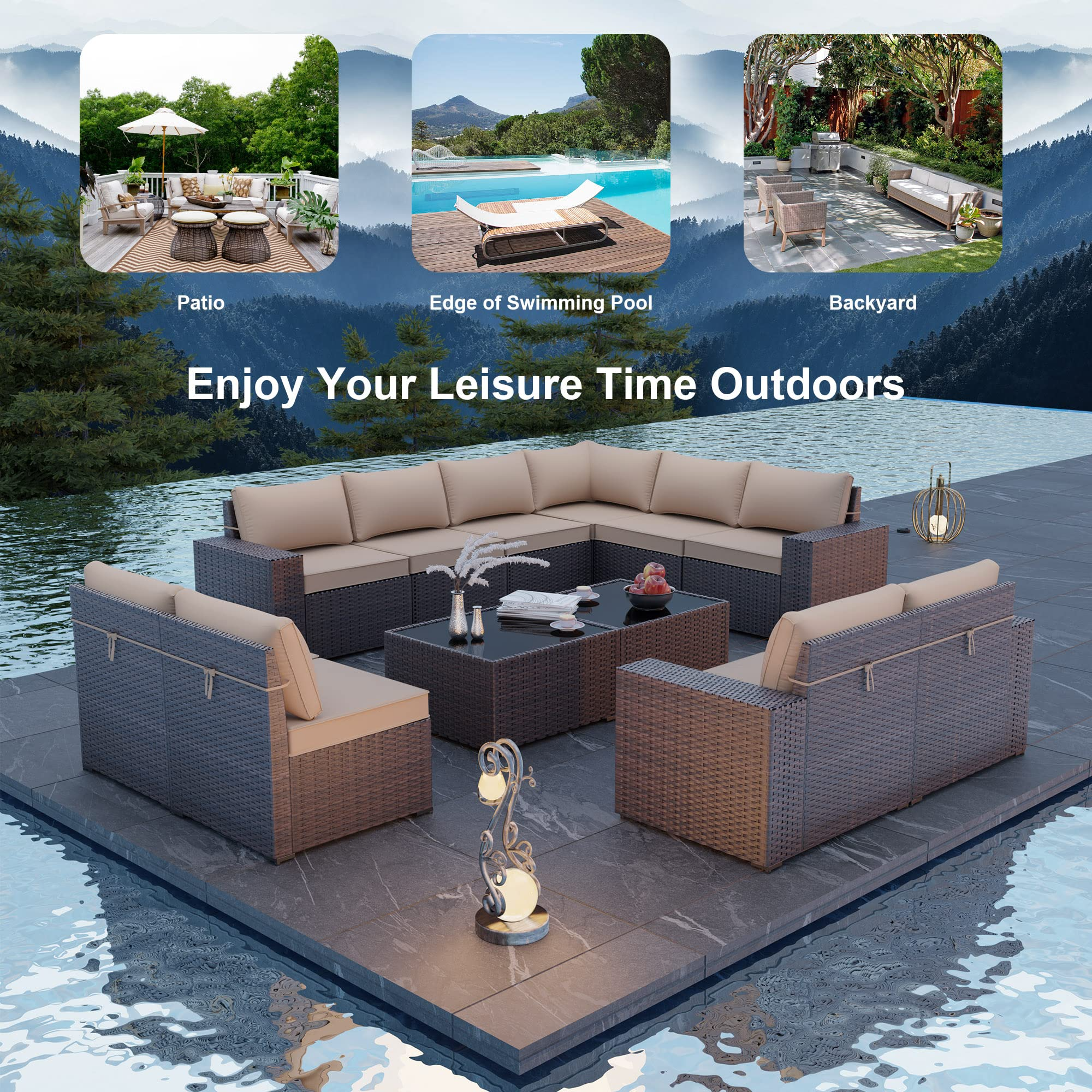 12 Pcs Patio Furniture Set Sectional Sofa Sets Brown PE